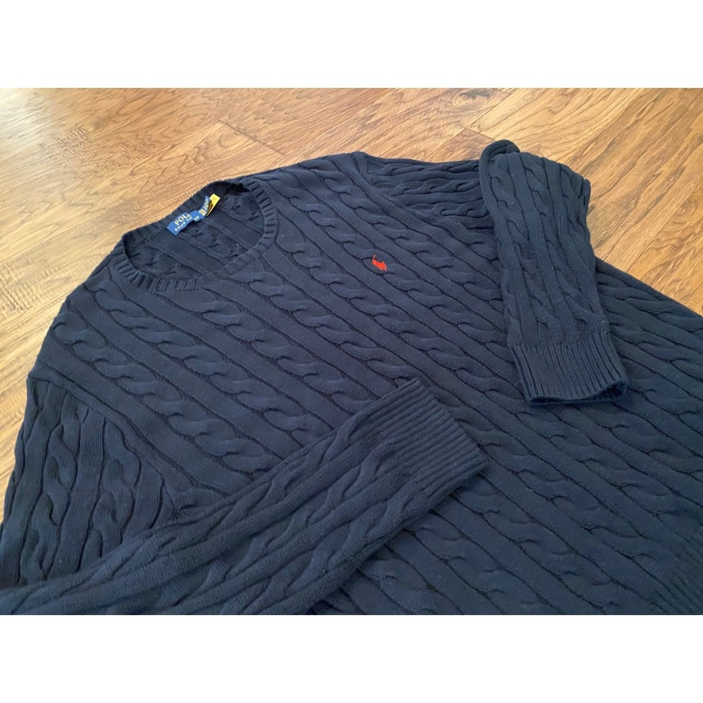 Polo Ralph Lauren Mens XXL Navy Blue Cable Knit Crewneck Sweater Red Pony Logo - Picture 2 of 6
